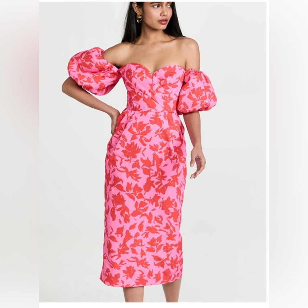 AMUR Micaela Sweetheart plumeria midi Dress off the shoulder balloon sleeve